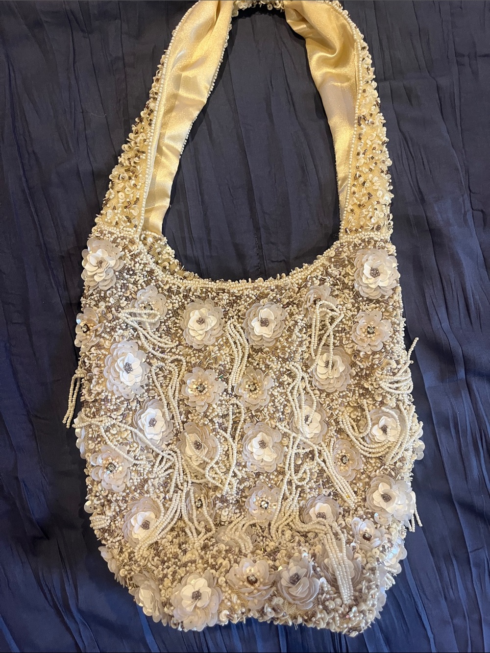 Embellished Cream Floral Beaded Shoulder Bag
